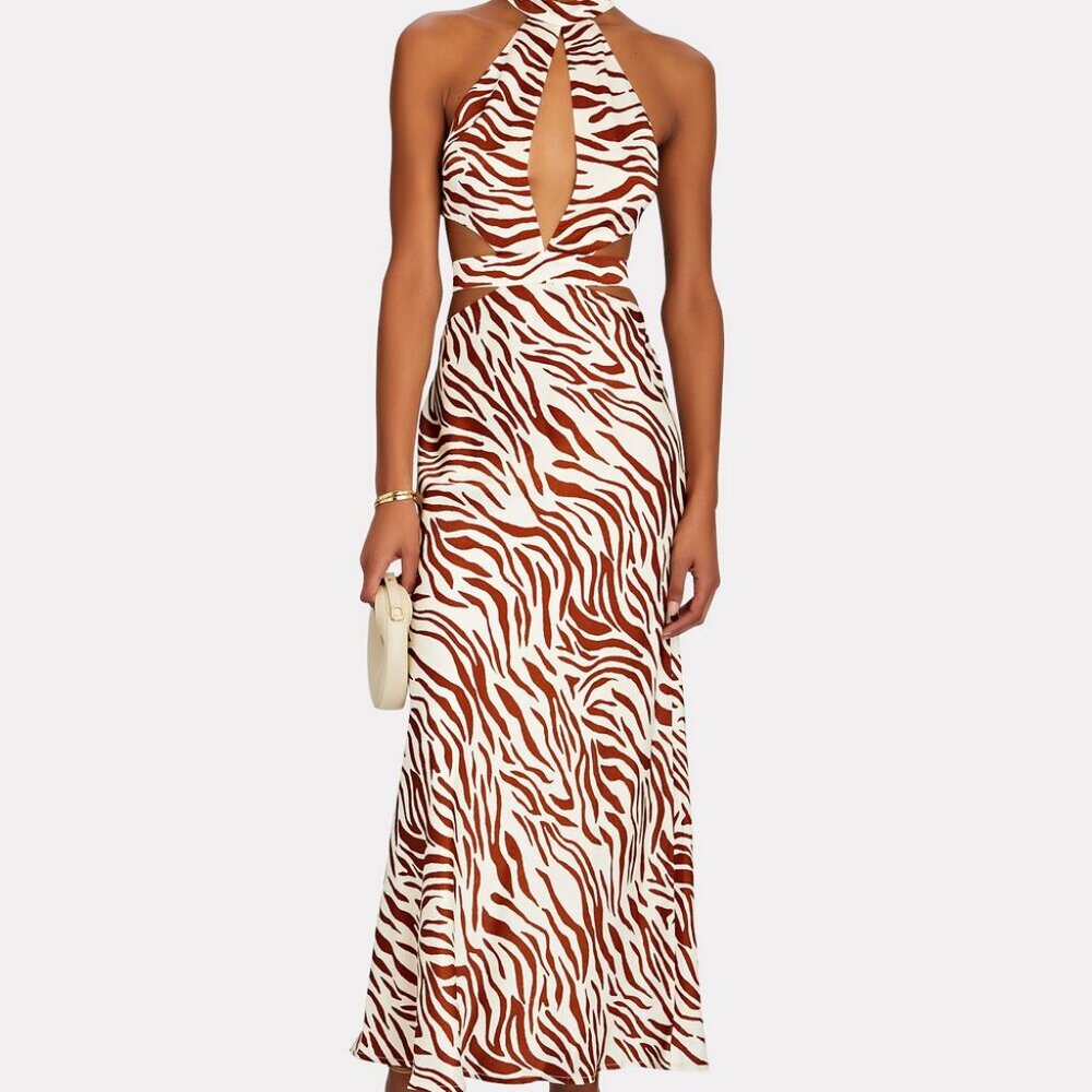 AUTEUR Emilie Zebra Silk Halter Maxi Dress Never Worn Size XS